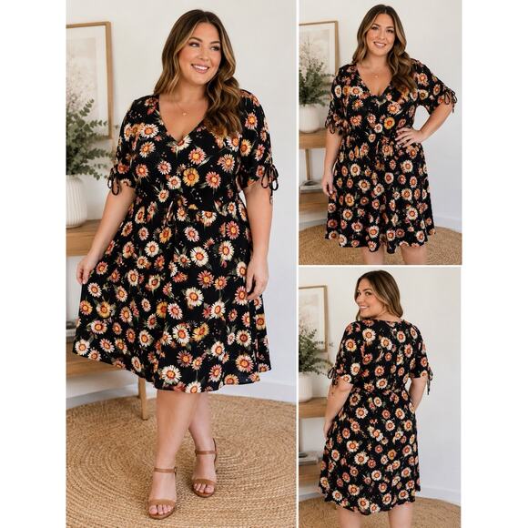 Derek Heart Dresses & Skirts - Derek Heart Plus 2X Black Floral Dress Tie Sleeve Fit Flare Boho Witchy Fairy